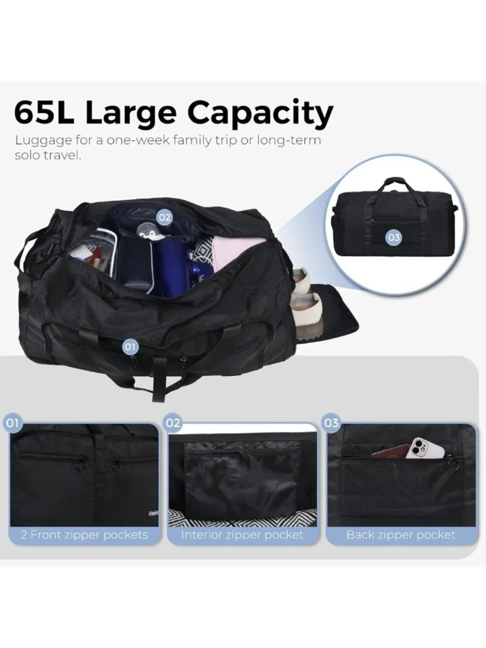 Large 65L Foldable Duffle Bag with Shoe Compartment, Water-Resistant Travel Bag
